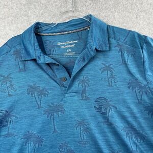 Tommy Bahama Palm Trees‎ Polo Shirt L Aqua Blue Performance Tech Golf Stretch